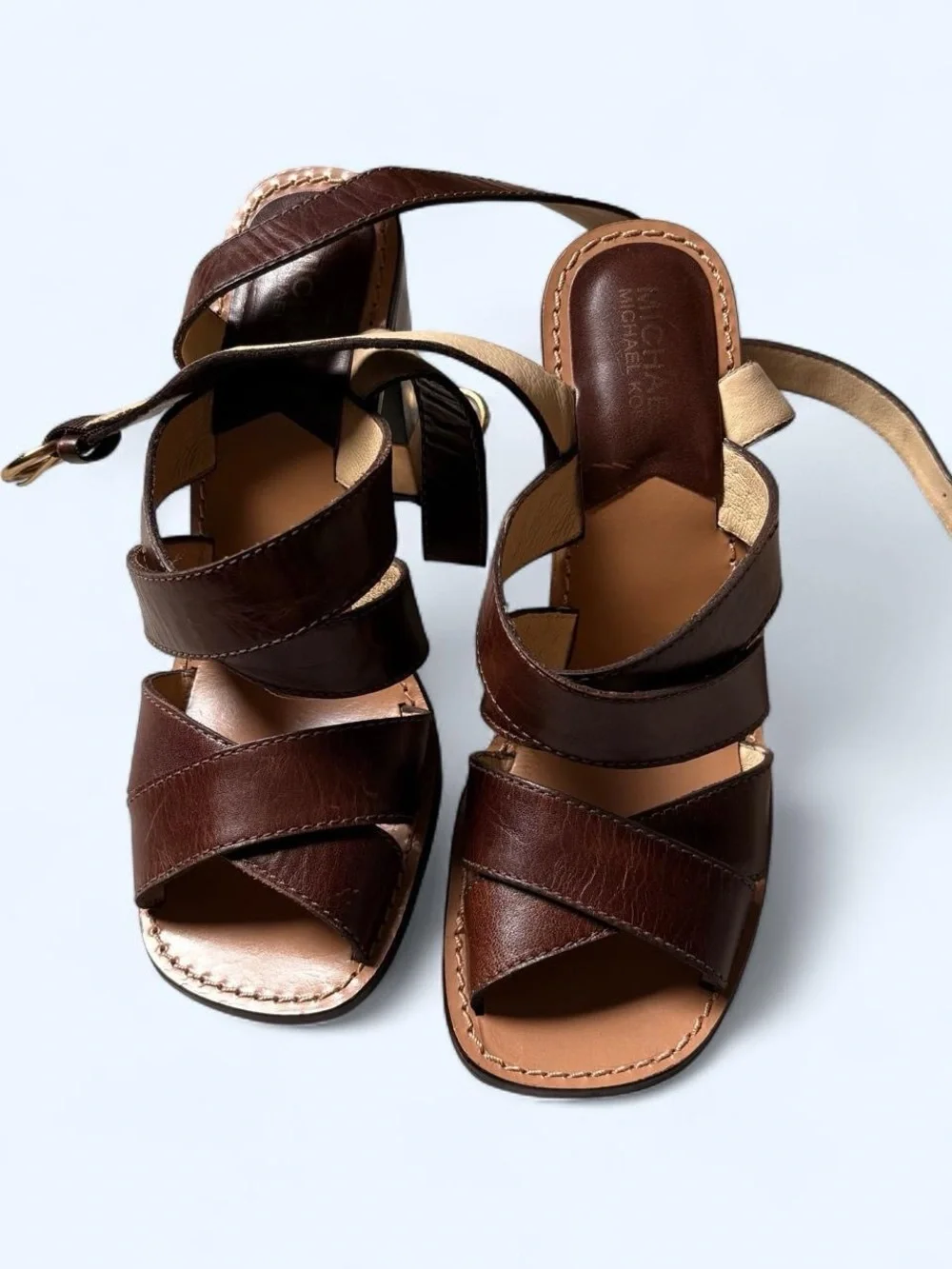 Michael Kors Brown Leather Strappy Block Heel Sandals